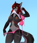  2018 5_fingers amber_eyes amelya anthro biped black_nose blue_background bra breasts canine chest_tuft clothed clothing clothing_lift digital_media_(artwork) female fingerless_(marking) front_view fur grey_fur grey_tail hair inner_ear_fluff kitsunewaffles-chan long_hair looking_at_viewer mammal mouth_hold navel nipples orange_nipples panties partially_clothed pink_bottomwear pink_clothing pink_panties pink_underwear red_hair shirt shirt_lift signature simple_background solo standing tank_top teasing tuft underwear undressing white_clothing white_shirt white_topwear wolf 