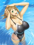  arms_up bare_shoulders blush breasts brown_hair cleavage commentary_request competition_swimsuit covered_navel covered_nipples day eyebrows_visible_through_hair green_eyes hands_in_hair huge_breasts kantai_collection kawanuma_uotsuri looking_at_viewer mutsu_(kantai_collection) one-piece_swimsuit open_mouth outdoors shiny shiny_hair shiny_skin short_hair solo standing swimsuit wading water 