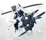  blue_eyes boots bridal_gauntlets eyebrows_visible_through_hair full_body headgear hood hood_down jacket katana long_hair looking_at_viewer mecha_musume original petals poco_(asahi_age) short_shorts shorts simple_background solo sword weapon white_hair 