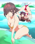  bikini black_swimsuit bow breasts brown_hair cleavage hair_bow kinniku_buster long_hair medium_breasts multicolored_hair pool red_bikini red_hair sakai_yuki_(wug) short_hair streaked_hair swimsuit twintails umanosuke umegaki_azusa wake_up_girls! wake_up_girls!_stage_no_tenshi wardrobe_malfunction yagi_aiko yellow_bikini 