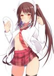  1girl :o azur_lane bangs black_legwear blush breasts brown_hair buttons cellphone collared_shirt commentary_request contrapposto cowboy_shot dress_shirt eyebrows_visible_through_hair hair_ornament hair_ribbon hairclip haruna_(azur_lane) highres holding holding_cellphone holding_phone long_hair long_sleeves looking_at_viewer medium_breasts miniskirt navel necktie no_bra open_clothes open_mouth open_shirt panties pantyshot phone plaid plaid_skirt pleated_skirt red_eyes ribbon school_uniform shirt simple_background skindentation skirt smartphone solo standing striped striped_neckwear striped_panties takeyuu thighhighs twintails underwear very_long_hair white_background white_ribbon white_shirt 