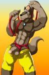  abs anthro armor balls better_version_at_source brown_eyes canine clothing firefighter firefighter_helmet helmet jewelry lupus_signatus male mammal muscular muscular_male necklace penis solo underwear wolf 