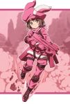  adapted_costume animal_ears blush boots brown_eyes brown_hair bullpup bunny_ears cabbie_hat debris full_body gloves gun hat highres llenn_(sao) long_sleeves military military_uniform nyoro_(nyoronyoro000) p-chan_(p-90) p90 pants pink_gloves pink_hat pink_pants pink_scarf scarf short_hair smile smoke submachine_gun sword_art_online sword_art_online_alternative:_gun_gale_online uniform weapon 