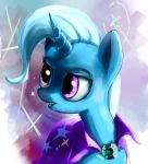  2013 abstract_background biting_lip blue_hair bust_portrait cape clothed clothing collaboration cute equine eyelashes female feral friendship_is_magic hair hi_res holivi horn looking_away mammal melon-drop my_little_pony portrait purple_eyes solo star teeth trixie_(mlp) unicorn 