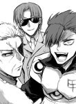  fate_(series) formal greyscale hair_over_one_eye koha-ace li_shuwen_(koha-ace) looking_at_viewer looking_back male_focus maxwell's_demon_(fate) monochrome mori_nagayoshi_(fate) multiple_boys open_mouth piroya_(shabushabu) smile spiked_hair suit sunglasses upper_body wrinkles 
