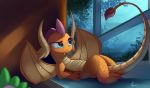  2018 absurd_res ambiguous_gender auroriia blue_eyes claws dragon duo eyelashes female friendship_is_magic hi_res horn inside leaves lying membranous_wings my_little_pony night nude on_back orange_scales portrait scales scalie shadow signature smolder_(mlp) solo_focus spade_tail spike_(mlp) tree window wings 