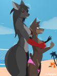  2018 anthro big_breasts bikini breasts canine clothing devika digital_media_(artwork) doberman dog drakeraynier duo female fur growing growth hair hybrid mammal micah nipples red_eyes shrinking size_difference size_stealing size_theft smile surprise swimsuit 