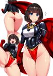  ass bangs black_hair blue_eyes blush bob_cut breasts cape clenched_hand commentary_request covered_navel eyebrows_visible_through_hair gloves highleg highleg_leotard highres ishimiso_(ishimura) large_breasts leotard looking_at_viewer multiple_views nose_blush open_mouth original red_cape shiny shiny_clothes shiny_skin short_hair skin_tight smile sparkle superhero thighs thong_leotard white_background 