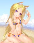  :o abigail_williams_(fate/grand_order) animal_ears bangs bare_arms bare_legs bare_shoulders barefoot beach between_legs bikini blonde_hair blue_bikini blue_sky blush cat_ears cloud collarbone day eyebrows_visible_through_hair eyes_visible_through_hair fate/grand_order fate_(series) flat_chest hand_up head_tilt highres horizon kemonomimi_mode long_hair looking_at_viewer miyajima_(anthem-anthem) navel ocean orange_bikini outdoors parted_bangs purple_eyes sand shadow shiny shiny_skin side-tie_bikini sidelocks sitting sky solo stomach straight_hair string_bikini summer swimsuit very_long_hair wariza wet 