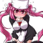  1girl bleach blush breasts curvy dokugamine_riruka female hanya_(hanya_yashiki) hat large_breasts long_hair looking_at_viewer pink_eyes pink_hair shiny simple_background solo sweat twintails white_background 