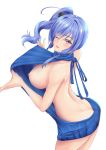  absurdres ahoge arched_back areolae ass azur_lane backless_dress backless_outfit bangs bare_back blue_hair blue_sweater breasts clothes_lift dimples_of_venus drawstring dress eyebrows_visible_through_hair from_behind halterneck hat highres large_breasts long_hair looking_at_viewer looking_back meme_attire mini_hat naked_sweater nipples one_eye_closed open_mouth pink_lips purple_eyes ribbed_sweater side_ponytail simple_background solo spekkio36 st._louis_(azur_lane) sweater sweater_dress sweater_lift tilted_headwear turtleneck turtleneck_sweater virgin_killer_sweater white_background 