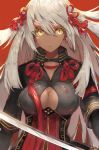  breasts cleavage_cutout dark_skin fate/grand_order fate_(series) high_collar large_breasts long_hair okita_souji_(alter)_(fate) okita_souji_(fate)_(all) saihate_(d3) solo tassel white_hair yellow_eyes 