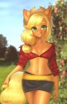  2017 anthro apple_tree applejack_(mlp) blonde_hair blurred_background breasts cleavage clothed clothing cowboy_hat cute earth_pony equine eyebrows eyelashes farm female freckles friendship_is_magic fully_clothed green_eyes grin hair hair_tie hat horse looking_at_viewer mammal midriff my_little_pony navel outside pony portrait shirt skirt sky smile solo standing tawni_tailwind teeth three-quarter_portrait tree 