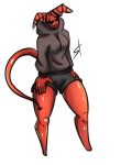  2018 breasts clothed clothing digital_media_(artwork) female hi_res hoodie horn humanoid mammal not_furry shorts simple_background smile solo standing standing_tough thick_thighs wide_hips 