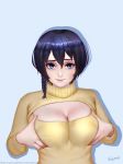  artist_name black_hair blue_eyes braid breast_lift breasts cleavage cleavage_cutout closed_mouth easonx hair_between_eyes kohiruimaki_karen large_breasts lips long_sleeves looking_at_viewer meme_attire open-chest_sweater short_hair single_braid solo sweater sword_art_online sword_art_online_alternative:_gun_gale_online turtleneck turtleneck_sweater upper_body watermark web_address yellow_sweater 