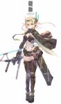  arrow belt blonde_hair blue_eyes bow_(weapon) breasts camouflage_print cape cleavage commentary_request compound_bow elf english fingerless_gloves full_body gloves green_cape green_gloves green_legwear green_shorts headset holding holding_bow_(weapon) holding_weapon long_sleeves looking_at_viewer mecha_musume midriff nadare-san_(nadare3nwm) navel original platform_footwear pointy_ears quiver short_hair short_shorts shorts simple_background sleeves_rolled_up small_breasts solo text_focus thighhighs utility_belt weapon white_background 