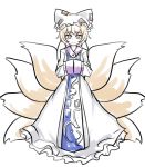  animal_ears blonde_hair closed_mouth commentary_request dress eyebrows_visible_through_hair fox_ears fox_tail full_body hands_in_opposite_sleeves hat highres long_sleeves looking_at_viewer multiple_tails pillow_hat ray-k short_hair simple_background solo tabard tail touhou white_background white_dress yakumo_ran yellow_eyes 