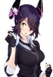  :o amami_amayu blush checkered checkered_neckwear commentary eyepatch gloves glowing hair_twirling headgear kantai_collection looking_at_viewer necktie partly_fingerless_gloves purple_hair simple_background solo sparkle tenryuu_(kantai_collection) upper_body white_background yellow_eyes 
