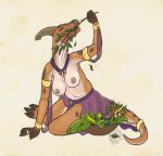  anthro breasts clothed clothing dinosaur eating eyes_closed female jewelry kneeling mari parasaurolophus partially_clothed salad squishygex topless 