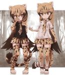  &gt;:&lt; black_hair black_shirt blonde_hair boots bow breast_pocket brown_hair cheetah_(kemono_friends) cheetah_ears cheetah_tail collared_shirt commentary elbow_gloves eyebrows_visible_through_hair gloves gradient_hair hand_over_face highres kemono_friends king_cheetah_(kemono_friends) kolshica long_hair multicolored_hair multiple_girls necktie pleated_skirt pocket shirt shoe_bow shoes short_sleeves skirt thighhighs white_shirt zettai_ryouiki 