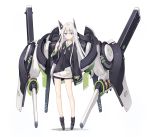  blue_eyes eyebrows_visible_through_hair full_body headgear jacket long_hair looking_at_viewer mecha_musume original poco_(asahi_age) short_shorts shorts sleeves_past_wrists solo white_background white_hair 