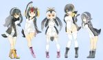  black_hair blonde_hair boots commentary_request emperor_penguin_(kemono_friends) everyone gentoo_penguin_(kemono_friends) hair_over_one_eye headphones highlights hood hoodie humboldt_penguin_(kemono_friends) kemono_friends konabetate leotard long_hair long_sleeves multicolored_hair multiple_girls penguin_tail pink_hair purple_hair red_hair rockhopper_penguin_(kemono_friends) royal_penguin_(kemono_friends) short_hair standing standing_on_one_leg tail thighhighs twintails white_hair 