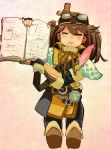  :d book brown_hair closed_eyes commentary_request cosplay cowboy_shot feathers goggles goggles_on_head handler_(monster_hunter_world) handler_(monster_hunter_world)_(cosplay) highres kantai_collection long_hair monster_hunter monster_hunter:_world namakura_neo open_book open_mouth ryuujou_(kantai_collection) smile solo twintails 