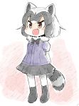  1girl :d animal_ears arms_behind_back black_footwear black_neckwear black_skirt blouse blue_blouse blush boots bow bowtie brown_eyes chibi common_raccoon_(kemono_friends) full_body fur_collar grey_hair highres kemono_friends multicolored_hair open_mouth panzuban puffy_short_sleeves puffy_sleeves raccoon_ears raccoon_tail short_hair short_sleeves skirt smile solo tail tsurime white_background white_legwear 