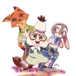  2018 3_fingers 3_toes 4_fingers anthro black_nose canine caprine clothed clothing dawn_bellwether dipstick_ears disney ears_down eyelashes eyewear female fox fur glasses gloves_(marking) green_eyes group half-closed_eyes hi_res judy_hopps jumping lagomorph looking_at_viewer male mammal markings necktie nick_wilde open_mouth open_smile orange_fur police_uniform purple_eyes rabbit sheep signature simple_background skirt smile tettyamansp toes uniform white_background wool zootopia 