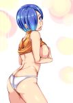  ass bare_shoulders blue_eyes blue_hair breast_hold breasts commentary_request covering covering_breasts cowboy_shot from_behind hair_over_one_eye large_breasts legs_together lips looking_at_viewer looking_back open_mouth orange_shirt original panties shiny shiny_hair shiny_skin shirt short_hair sleeveless solo standing underwear usyuuri white_panties 