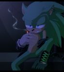  2018 anthro archie_comics blue_eyes cigarette clothing footwear gloves hedgehog hi_res male mammal reneiru scourge_the_hedgehog signature smoking solo sonic_(series) 