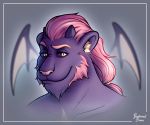  baphometbimbo beard bust_portrait demon_horns demon_wings edit facial_hair feline fur hair headshot_portrait horn inner_ear_fluff lion looking_at_viewer male mammal monti_korr pink_hair pink_nose ponytail portrait purple_fur purple_sclera raised_eyebrow tan_hair 