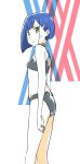  arms_at_sides black_bra black_panties blue_hair bra breasts darling_in_the_franxx from_side green_eyes hair_ornament hairclip highres ichigo_(darling_in_the_franxx) looking_at_viewer looking_to_the_side panties pink_x short_hair small_breasts solo sweatdrop underwear 