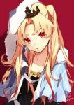  artist_name bangs blonde_hair blue_capelet blush breasts capelet cleavage collarbone commentary_request cosplay crystal_earrings cu_chulainn_(fate/grand_order) cu_chulainn_(fate/grand_order)_(cosplay) earrings ereshkigal_(fate/grand_order) fate/grand_order fate_(series) fujikiri_yana fur-trimmed_capelet fur_trim highres jewelry lancer large_breasts long_hair looking_at_viewer parted_bangs parted_lips red_background red_eyes tiara two_side_up upper_body 