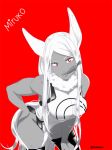  1girl animal_ears bodysuit boku_no_hero_academia bunny_ears collar crossed_arms dark_skin long_hair miruko_(boku_no_hero_academia) monochrone muscle muscular_arms muscular_female red_background solo 
