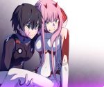  1girl bangs black_bodysuit black_hair blood blood_from_mouth blood_on_face blue_horns bodysuit breasts carrying commentary_request couple darling_in_the_franxx facial_scar gloves green_eyes hand_on_another's_leg hand_on_another's_waist hetero hiro_(darling_in_the_franxx) horns leje39 long_hair medium_breasts oni_horns pilot_suit pink_hair princess_carry red_horns scar torn_bodysuit torn_clothes white_bodysuit white_gloves zero_two_(darling_in_the_franxx) 