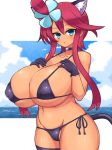  1girl animal_ears bikini blue_eyes blush breasts cameltoe cat_ears cat_tail chro_(rulurullu) cleavage collar fuuro_(pokemon) huge_breasts long_hair looking_at_viewer micro_bikini pink_hair pokemon pokemon_(game) pokemon_bw solo standing swimsuit tail thighhighs 