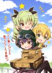  anchovy black_hair blonde_hair braid brown_eyes carpaccio carro_veloce_cv-33 chibi cloud commentary_request day girls_und_panzer green_eyes green_hair ground_vehicle long_hair military military_vehicle motor_vehicle multiple_girls one_eye_closed pepperoni_(girls_und_panzer) saz_(sazin764) sky smile star tank translation_request twintails 