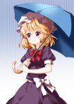  1girl bangs blonde_hair blue_background bow bowtie breasts closed_mouth collar collared_shirt dress eyebrows_visible_through_hair hat highres holding holding_umbrella image_sample maribel_hearn mob_cap parasol puffy_short_sleeves puffy_sleeves purple_dress purple_eyes red_neckwear red_ribbon ribbon ruu_(tksymkw) shirt short_hair short_sleeves small_breasts smile solo striped striped_background touhou twitter_sample umbrella vertical-striped_background vertical_stripes white_hat white_ribbon white_skin 