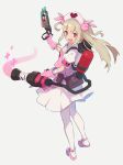  belt_pouch blonde_hair center_frills commentary_request crossover fang full_body gloves hat highres isu_(is15u) long_hair looking_at_viewer natori_sana nurse nurse_cap open_mouth pink_eyes pouch sana_channel shoes simple_background solo team_fortress_2 thighhighs trait_connection virtual_youtuber weapon white_background white_legwear 