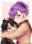  1girl 3: aqua_eyes black_hair black_jacket blazer blush commentary_request fate/grand_order fate_(series) fujimaru_ritsuka_(male) hand_on_another's_head helena_blavatsky_(fate/grand_order) hidden_mouth highres hug jacket looking_at_viewer necktie nishimi_shin purple_eyes purple_hair school_uniform serafuku sweater v-shaped_eyebrows 