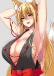  1girl :d absurdres animal_ears ar_(lover_boy) armpits arms_behind_head arms_up bangs blonde_hair blue_eyes blush breasts cleavage collarbone facial_mark fang fox_ears fox_girl fox_tail highres huge_breasts japanese_clothes long_hair looking_at_viewer naughty_face nontraditional_miko open_mouth original shiny shiny_skin sideboob smile solo sweat tail tsurime upper_body very_long_hair 