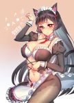  animal_ears black_hair bow breasts cat_ears collarbone cross-laced_clothes fishnets gradient gradient_background hair_bow heart heart-shaped_pupils iris_yuma korean large_breasts long_hair looking_at_viewer maid maid_headdress navel necktie orange_background pantyhose paw_pose red_bow red_eyes smile solo soul_worker suerte symbol-shaped_pupils thighs translation_request 