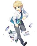 :d blonde_hair blue_eyes blue_neckwear book chung_seiker collared_shirt colored_pencil dropping elsword full_body grey_pants holding lanyard long_sleeves male_focus necktie open_book open_mouth pants papers pencil pika_(kai9464) shirt shoes short_hair smile solo tie_clip watch white_background white_footwear white_shirt wristwatch 