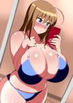  ahoge bare_shoulders belly bikini blue_bikini blue_eyes blush breasts brown_hair cellphone cleavage collarbone curvy groin highres hips huge_breasts komusou_(jinrikisha) long_hair navel ooba_minori original parted_lips phone self_shot skindentation smartphone solo swimsuit thighs 