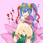  1girl anklet armlet arrow barefoot between_legs blue_hair blush bracelet earrings female flower flying_sweatdrops full_body hand_between_legs have_to_pee japanese_text jewelry knees_together_feet_apart lakshmi_(p&amp;d) looking_away looking_to_the_side open_mouth pigeon-toed pink_flower purple_background puzzle_&amp;_dragons rodon simple_background sitting smile solo tied_hair translation_request trembling twintails yellow_eyes 