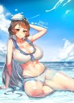  arm_up blue_sky breasts brown_hair cleavage cloud day hat huge_breasts iris_yuma long_hair looking_at_viewer midriff navel red_eyes sailor_bikini sailor_collar sailor_hat see-through sitting sky smile solo soul_worker suerte thick_thighs thighs very_long_hair water wet wet_clothes 