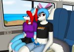  2018 amtrak anthro bell_collar big_penis black_nose blue_fur blue_hair blue_penis bnsf bow canine clothing collar digital_drawing_(artwork) digital_media_(artwork) female fey96 fey_(fey96) fox fur girly hair handjob kyra_tucker_(fey96) male male/female mammal marble_fox penis pink_fur red_eyes red_hair sea sex sitting skirt smile train vehicle water white_fur 