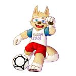  2016 2017 anthro arctic_wolf arm_markings ball blue_eyes canine clothed clothing ears_up eyewear fifa fifa_2018 fifa_russia_2018 fur goggles holding_ball male mammal markings mascot musicsoul95 russia russian shirt shorts simple_background soccer soccer_ball solo sport t-shirt tan_fur white_markings wolf world_cup zabivaka 