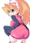  :o alternate_breast_size ass bangs black_legwear blonde_hair blue_eyes blush bodystocking breasts ciel_(rockman) commentary eyebrows_visible_through_hair from_behind hair_between_eyes headgear high_heels high_ponytail large_breasts leaning_forward long_hair looking_at_viewer looking_back open_mouth pantyhose ponytail rockman rockman_zero semikichi shiny_legwear shoes simple_background solo spiked_hair spread_legs squatting tiptoes white_background 